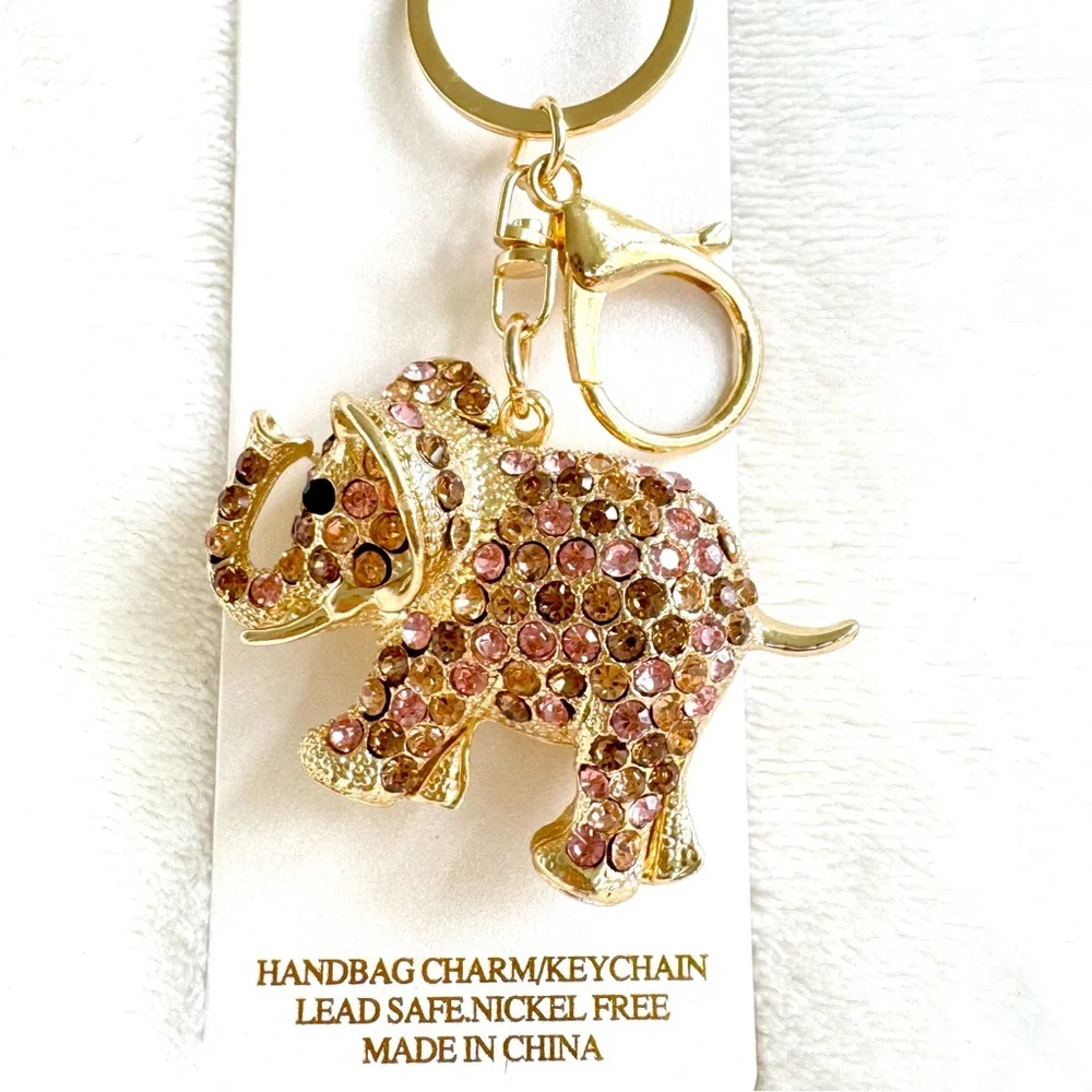Natasha Couture Pink & Light Brown Rhinestone Elephant Key Chain /  Bag Charm